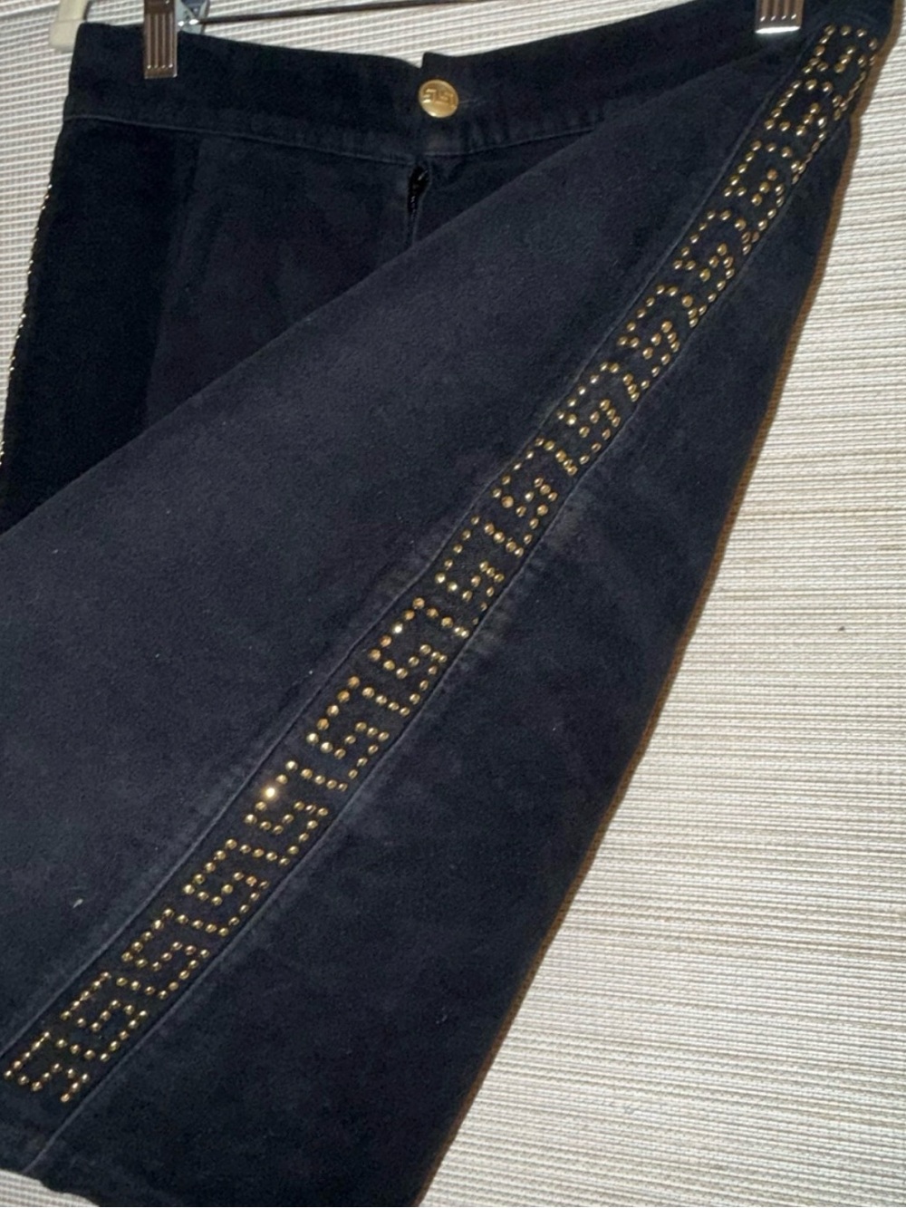 Versace Jeans Couture Black Skirt w Gold Greek Key Studs Up the Sides Size 8-10